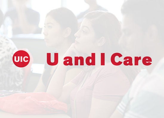 Students learning, and TEXT: U and I Care