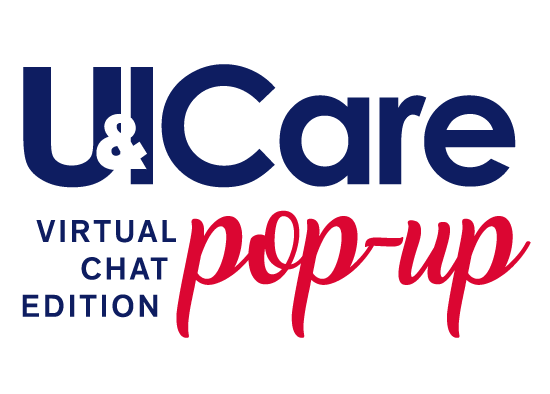In blue & red colors text that reads U&ICare Pop Ups - Virtual Chat Edition