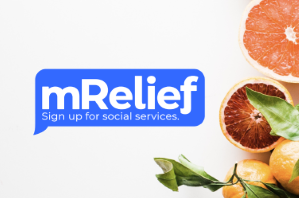 text saying mRelief sign up for social services and a picture of some fruit